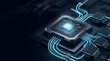 © Riski Digital Studio - Macro computer microchip with glowing blue circuit lines and illuminated data tubes. Concept of artificial intelligence processing, quantum computing hardware, and advanced electronic engineering.