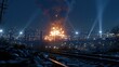 © The Little Hut - Dramatic nighttime cityscape with a massive explosion illuminating the sky and searchlights scanning the darkness