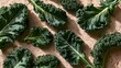 © fivan - A top-down flat lay featuring kale arranged across warm travertine stone beneath soft natural sunlight, vibrant green leaves creating organic patterns, expansive copy space