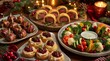 © Seentyr Str - Festive Christmas appetizer spread with beef wellington and vegetable wreath.