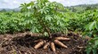 © PadmaRodha - Vibrant green cassava plant growing in rich brown tropical soil field