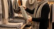 © Lo - Customer browsing a selection of handcrafted scarves in a cozy boutique fashion store.