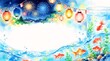 © ご先祖大好き - 日本の夏の風景 水彩画フレーム（金魚、提灯、花火、水流、コピースペース）