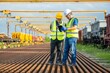 © BESTIMAGE - Railway supervisor reviewing project on tablet, team railway project planning worker at construction site look tablet checking railway project by supervisors Infrastructure Team Coordinating