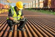© BESTIMAGE - Asian male Engineer Kneeling with tablet Inspecting Railway Maintenance Worker: Technician Checking Steel Rail at Construction Site Industrial Safety: Engineer Focusing on Train Track Inspection.