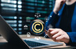 © Sandwish - Patented intellectual property. Digital copyright or patent concept. Woman holding magnifying glass focuses on copyright symbol surround by legal icons. trademark license, Author rights, law business,