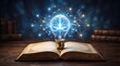© Emranum - Glowing light bulb with human brain filament inside, connected to network of nodes, resting on open vintage book, wooden table, dark background