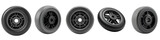 Set of five black rubber car tires