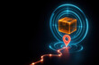 © Yurii Semonov - Neon Parcel Tracking Icon with Package Route and Location Pin for Delivery Logistics
