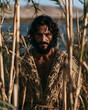 © Trendy Graphics - Portrait of a rugged man with a beard and long hair wearing a rustic textured garment amidst tall reeds