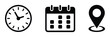 ©  MIZU MIZANUR $$1122 - Time date and location vector icon set featuring calendar watch and map marker symbols for invitations, event details, appointments, schedules, and venue information
