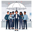 © Gabriela - Modern corporate vector with HR leader holding a large umbrella shield over a diverse multi-ethnic team in an office, concept for employee protection, workplace care, and leadership management