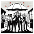 © Gabriela - Dedicated HR leader standing with open arms under a large umbrella shield covering a multi-ethnic team in modern office, concept for employee protection and insurance vector design.