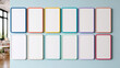 © Katerina - Colorful classroom visual schedule mockup with twelve blank cards in pastel frames arranged in a clean grid on a blue wall for educational planning