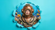 © ZaStock - Child in vintage diving suit peering through torn blue paper into coral reef. Education, underwater exploration, adventure, travel.