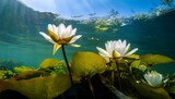 Beautiful White Water Lily Nuphar Lutea In The Clear Pound Underwater Shot In The Lake Nature Habitat Underwater Landscape A Stack Of Water Lilys Seen From Underwater