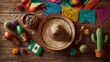 © Olajumoke - Mexican sombrero and maracas on rustic wood, festive Cinco de Mayo decorations with cactus and flag, vibrant fiesta celebration background
