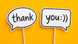 © Kathy Mathews - Playful thank you speech bubbles on a bright yellow background conveying gratitude appreciation customer service communication and positive feedback