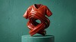 © Omni Visuals - Avant Garde Molten Fluid Wrapped Red Jersey Sculpture On Teal Pedestal