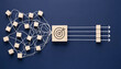 © MD ANWAR - Tangled white strings with scattered wooden blocks converging through a bullseye target and emerging as straight arrows and aligned cubes representing operational streamlining and strategic business.