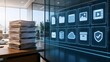 © AI Image Studio - Concept of document management system comparing a massive stack of physical papers with a glowing modern digital file interface on a glass office wall