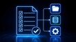 © AI Image Studio - Futuristic glowing neon digital checklist document connecting to folder and database icons representing automated workflow and data management