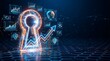 © Design Store - Digital security lock with glowing futuristic neon charts rising arrows and hologram data displays on tech grid symbolizes cyber protection business growth and financial analysis.