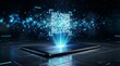 © Gophotograph - Digital device projecting a holographic QR code with blue glowing particles in a dark technological setting.