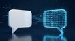 © Ani - Digital communication concept showing a glowing wireframe speech bubble translating data into a solid form representing human and ai interaction