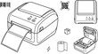 © Munera - Thermal Label Printer Vector Set with Barcode QR Code Sticker Roll and Shipping Package Line Art Icons