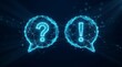 © DailyLens Studio - Neon blue digital communication bubbles displaying a question mark and exclamation point in an abstract mesh style.