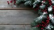 © Adi - Snowy pine branches with red berries on wooden background