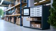 © Thares2020 - Modern parcel return station in a well organized warehouse with shelves and boxes in the background