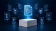 © Add Win - Glowing digital document network above a stack of physical papers representing electronic file organization and automated data workflow