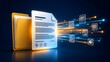 © Add Win - Secure digital document and yellow folder with glowing lock and shield icons representing encrypted data transfer and privacy