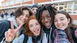 © Vitalii Shkurko - High School Friends Take Cheerful Selfie Outside School on First Day Back After Vacation
