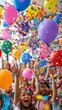 © Anastasiya - Joyful children celebrating with colorful balloons and confetti, hands raised in excitement, vibrant party atmosphere, bright cheerful colors.