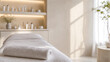 © Victoria - bright minimalist spa interior with massage table and rolled towel in luxury wellness center. Aesthetic clinic shelf with skincare product for beauty therapy and relaxation concept