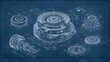 © Tanvir - Detailed technical blueprint showcasing mechanical gear assemblies and industrial engine parts in classic blue tones. Perfect for engineering presentations and manufacturing.