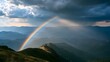© Trendy Graphics - A stone church sits on a mountain peak under a dramatic stormy sky with a vibrant rainbow arching over the landscape
