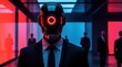 © Maryna - Futuristic cyborg businessman in black suit with glowing red eye lens. Android male leader stands in high tech office corridor. Cyberpunk executive person with robotic head walks among blurred pro