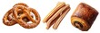 © Tatiana - Fresh baked German pretzel churros chocolate roll set isolated on transparent background