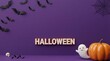 © art by momena - Festive halloween background with a pumpkin a ghost bats and a spider web on a purple surface