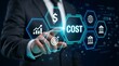 © Ruby - Creative idea management concept featuring a business hand interacting with a digital cost interface and finance icons on a dark background.
