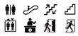 © 884 - Public facility and wayfinding pictogram vector icon set. 8 black silhouette icons for restroom, escalator, stairs, elevator, information desk, and emergency exit.