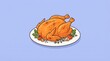 © Aklima - A delicious roasted thanksgiving turkey cartoon illustration served on a white plate with fresh green garnish isolated against a simple light blue background for holidays