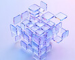 © aftab - Abstract 3D render of a translucent glass cube composed of many smaller square panels representing data technology or digital transformation concepts
