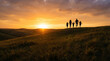 © Mst - Silhouette of happy family of five running on grassy hill crest during golden sunset with dramatic clouds in wide rural landscape.