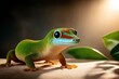 © Halyna - A green gecko with a red and blue head pattern poses beside leaves, creating a striking study in nature and animal beauty