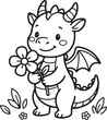 © NUR - Cute cartoon girl holding colorful flowers, black and white spring